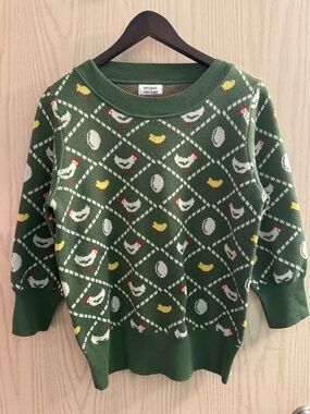 Unique Vintage Green Chicken & Egg Knit Crewneck Sweater with Yellow Accents